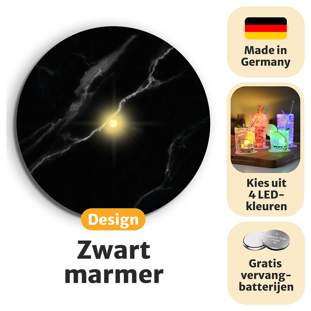 Lichtgevende LED-onderzetters met gratis vervangbatterijen
