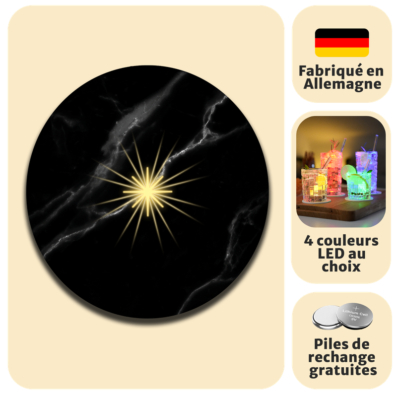 Leuchtende LED-Untersetzer mit gratis Ersatzbatterien | Design: Schwarzer Marmor